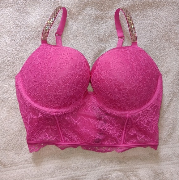 Victoria's Secret Very Sexy Hot Pink Lace Shine Strap Push-Up Corset Top. 36D. - Picture 2 of 13